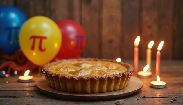 Sweet pie decorated with Pi symbol balloons and candles on wooden table. Festive Pi Day celebration setting with warm lighting perfect for holiday atmosphere.