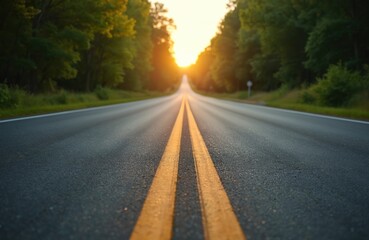 Fototapeta premium Empty asphalt road with double yellow lines leading towards sunrise. Tall green trees line both sides of the pavement. The scene evokes a sense of journey, adventure, and new beginnings.