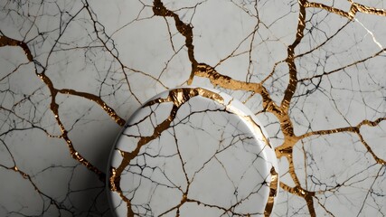 Cracked ceramic surface with gold kintsugi repair lines, elegant artistic texture for modern decor
