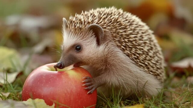 Ein kleiner Igel knabbert gen&uuml;sslich an einem roten Apfel