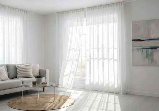 Art of bright living room with a grey sofa, coffee table, and sheer white curtains letting in natural light