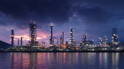 Fototapeta premium Oil refinery plant lighting up at industrial twilight