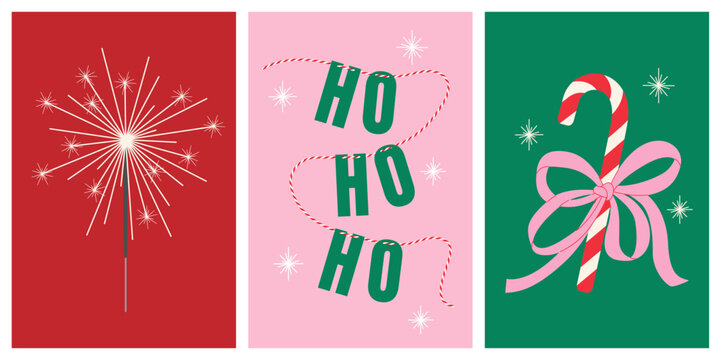 Set of hand drawn Christmas card with sparkler, paper garland, hohoho banner, striped red candy cane tied with pink bow on green background. New year isolated flat vector EPS10