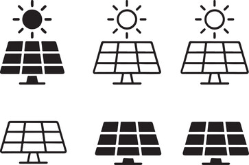 Isolated Solar Panel black vector icon set, solar panel icons, renewable electricity sun energy, solid black outline filled minimal thin stroke, green energy sustainability design