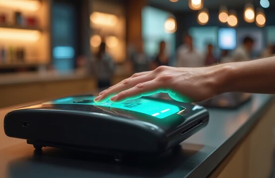 Person pays with hand at checkout counter using palm scanner device. Biometric tech provides secure identification, authentication. Customer makes future cashless transaction with contactless
