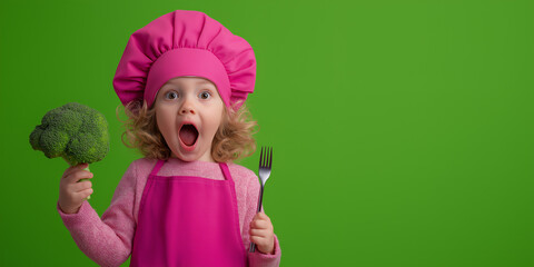 Surprised little girl in a pink chef uniform holding broccoli and a fork on a green background with copy space