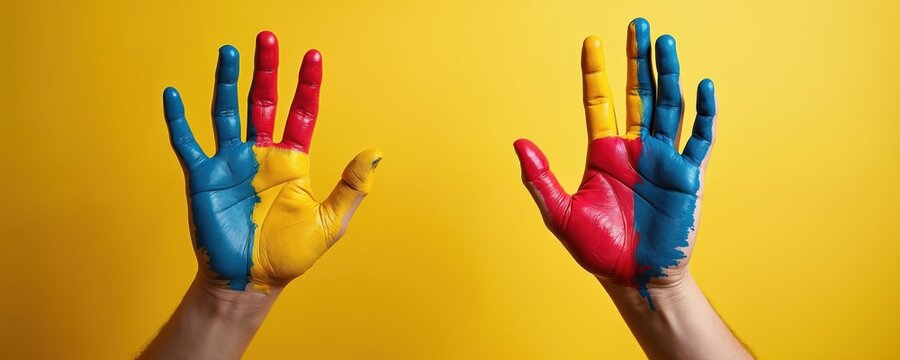 Two hands painted with red blue yellow colors. Hands symbolize unity. Skin covered with paint. Colorful palms represent oneness multiracial solidarity cooperation. Global cultural painting expression
