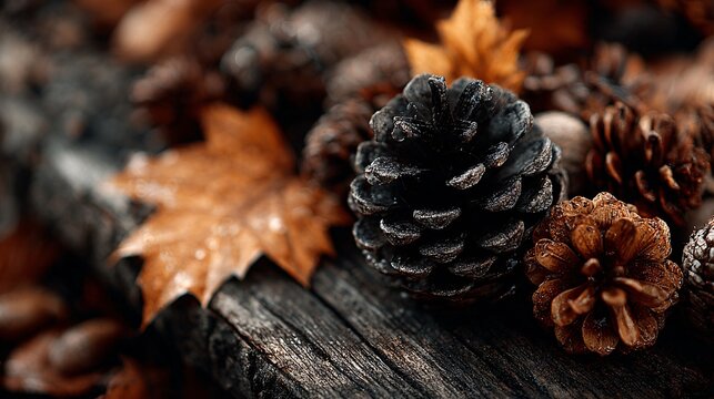 Close-up of pine cones and autumn leaves on rustic wooden surface with natural lighting