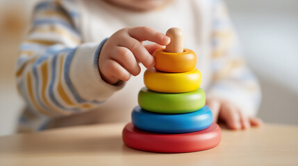Baby playing with a colorful wooden stacking toy