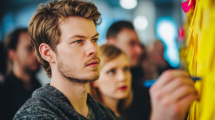 Focused young professional writing ideas on sticky notes during a team workshop
