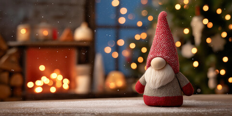 Cozy Christmas scene with a festive gnome doll and copy space