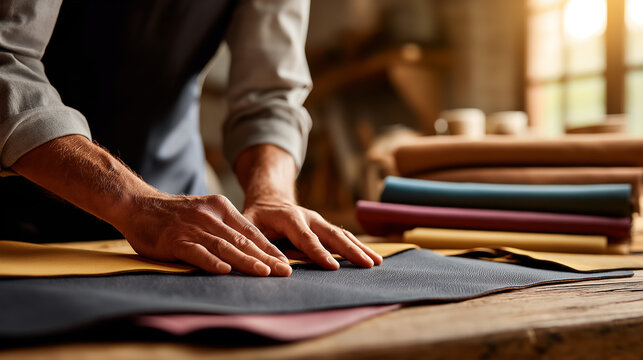 Close up of a craftsman hands working with leather in a sunlit workshop