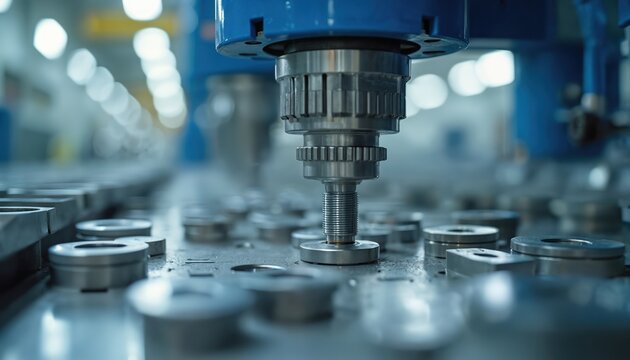 Close up photo of industrial machine. Metal parts and production process are shown in factory. Automated robotic tech is at work in a manufacturing plant.