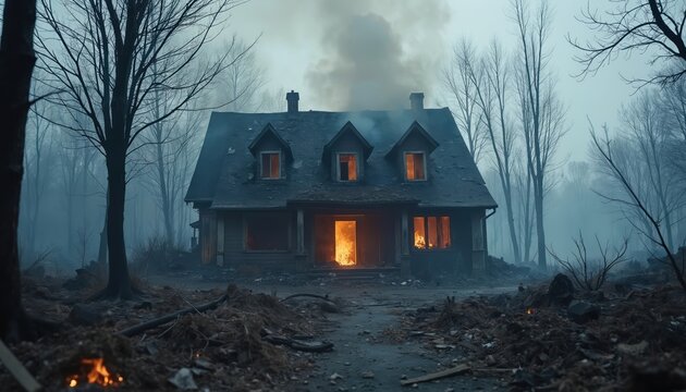 Scorched house engulfed in flames and smoke after a wildfire. Ruined building surrounded by debris and dead trees. A scene of devastation and loss after a natural disaster crisis.