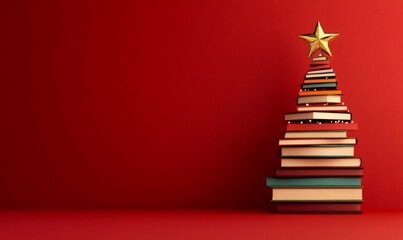 Stack of various books forming a christmas tree on a red background, topped with a golden star and small bright lights