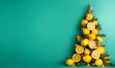 Lemons and sprigs of rosemary arranged shaping a christmas tree, decorated with fairy lights against a green background with copy space