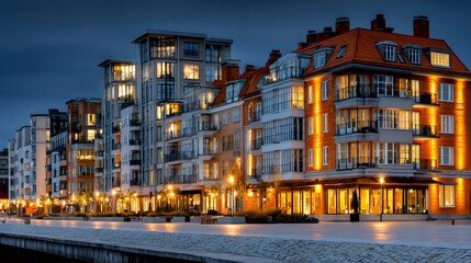 Waterfront urban cityscape with illuminated modern buildings at dusk