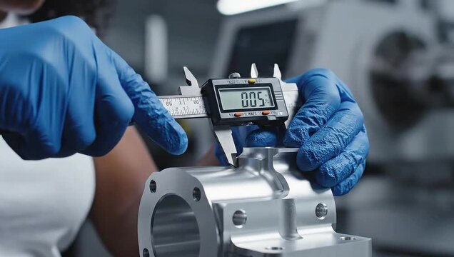 Measuring a metal part with calipers in a manufacturing setting precision engineering and quality control