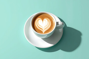 A cup of coffee with a heartshaped latte art on a blue background