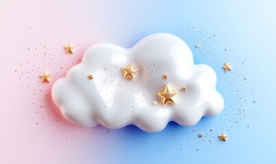 White fluffy cloud floating on a pastel pink and blue background, decorated with sparkling golden stars and glitter