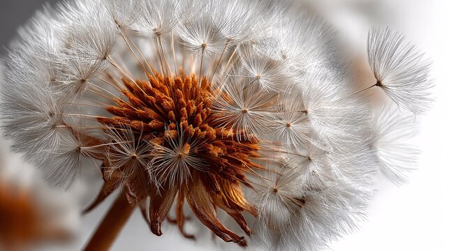 Close-up of dandelion seed head with detailed white seeds and brown center