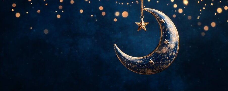 Dark blue crescent moon with gold speckled texture and dangling star, set against a blurred background of festive golden bokeh lights