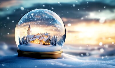 Snow globe containing a festive winter village with glowing houses and falling snow, creating a warm holiday scene