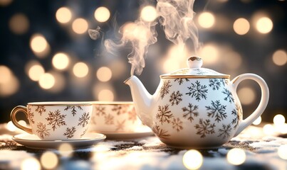 Festive teapot and cup with snowflake pattern, releasing steam in a warm, cozy winter setting with bokeh lights