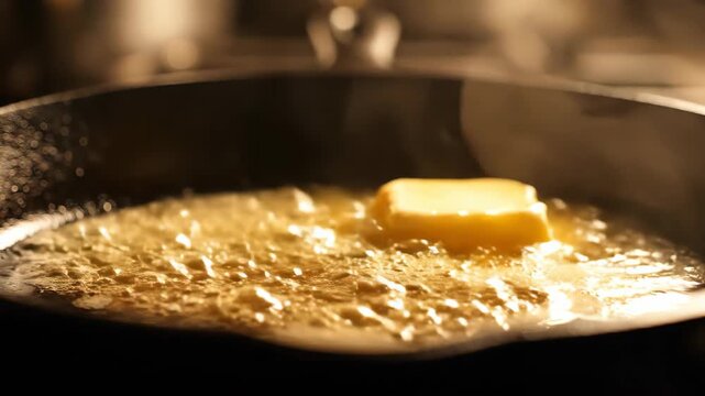 The beautiful design of a culinary moment close-up of butter melting into a shimmering, golden liquid within a hot cast-iron skillet, an essential ingredient transformation