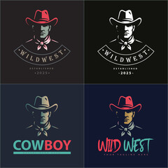 Cowboy american sheriff wild west face head silhouette logo set vintage design template