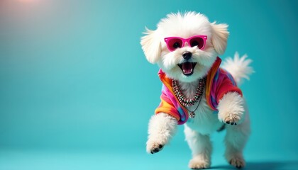 White fluffy dog wears pink sunglasses, colorful tie dye jacket, beaded necklaces. Puppy jumps high, mouth open, looking happy, playful in studio on vibrant blue background. Cute pet poses with funny