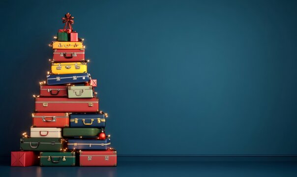 Colorful vintage luggage arranged like a festive christmas tree, decorated with lights and gifts, symbolizing holiday travel and celebration