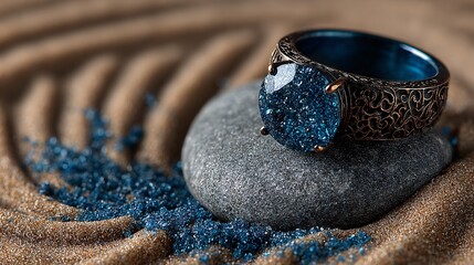 Blue gemstone ring on smooth stone with artistic sand patterns