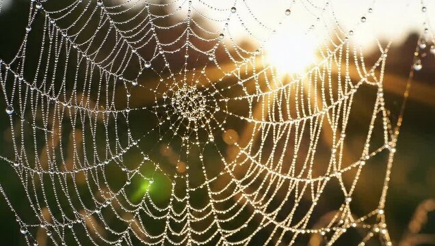 Close up of a spiderweb covered in water droplets with sunlight shining through the background trees