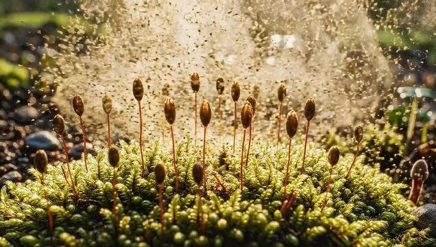 Close up of moss with spore stalks and sunlight filtering through the background trees