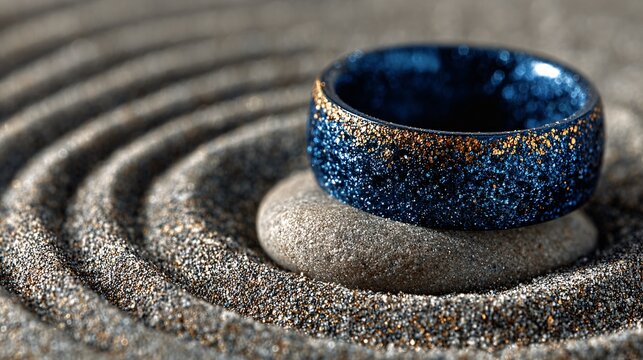 Close-up of blue ceramic ring on circular stone pattern in zen garden