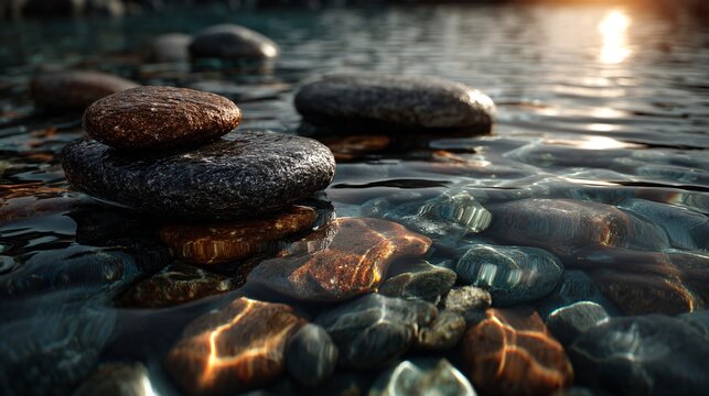Close-up of smooth black stones in shallow water with sunlight reflections