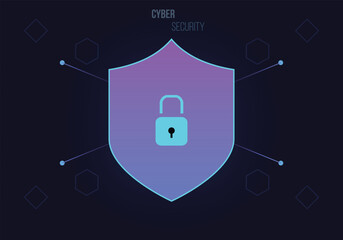 Cybersecurity vector with glowing lock and shield on dark tech background showing data security, privacy protection, and safe connection