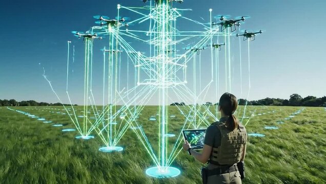 Man controls swarm of drones in field with tablet displaying map and drone positions in the sky