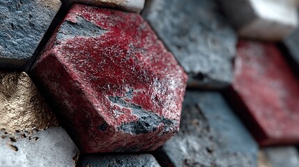 Close-up of weathered red and gray hexagonal paving stones in natural light