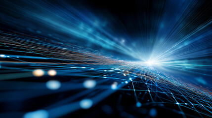 Abstract blue tech background with light effect faceless lines grid design defocused digital network background data processing visualization internet connection concept
