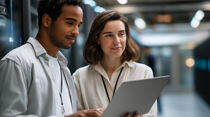 Faceless male cloud architect and female database engineer defocused data center background reviewing storage protocols on laptop team strategizing service improvement