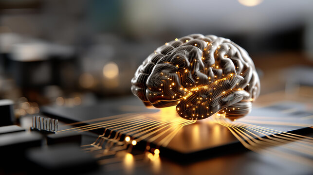 AI brain on circuit board visualization faceless processing data concept defocused future innovation background artificial intelligence technology neural computing intelligent