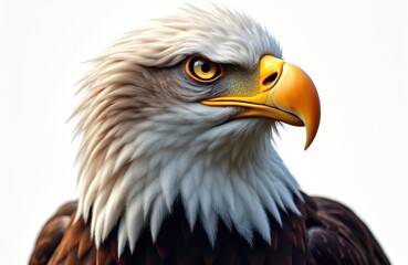 Fototapeta premium Close-up headshot illustration of bald eagle. Majestic bird with intense yellow eye, sharp orange beak. White feathered neck contrasts with dark brown body feathers. Freedom, power in America.