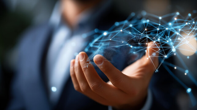 Faceless AI engineer holding global network visualization defocused artificial intelligence systems background machine learning automation prediction recognition algorithms