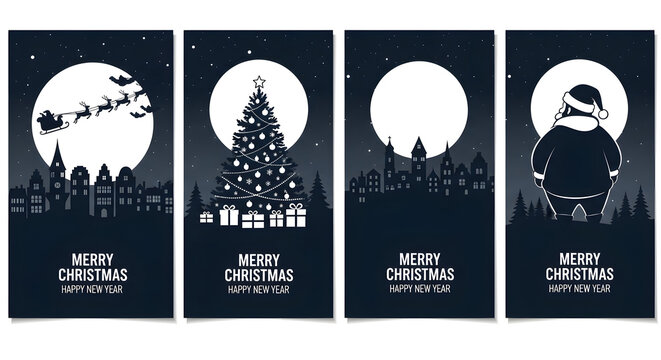 Set of four dark blue silhouette illustrations for christmas and new year, featuring santas sleigh, a decorated tree, cityscape, and santa claus under a full moon