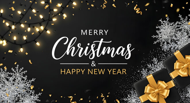 Elegant merry christmas and happy new year greeting card with sparkling string lights, snowflakes, confetti, and gift boxes on a black background