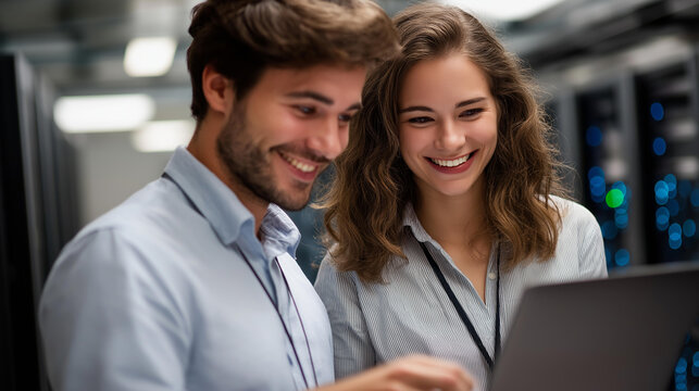 Faceless male cloud architect and female database engineer defocused data center background reviewing storage protocols on laptop team strategizing service improvement