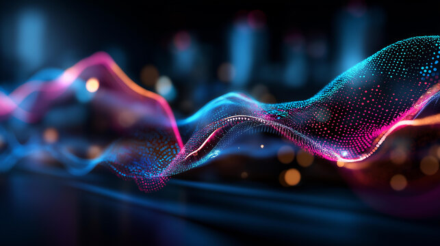 Vibrant digital data stream and analytics visualization faceless glowing waves defocused blue and pink background modern technology connectivity real time data flow network