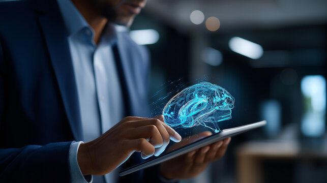 Faceless businessman using tablet with AI brain hologram defocused modern office background cognitive computing display artificial intelligence visualization neural interface